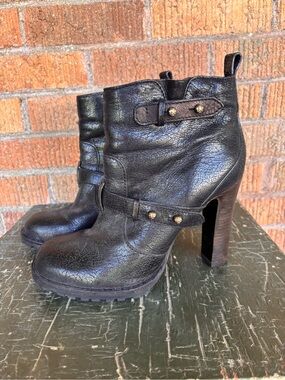 Tory Burch Landers Moto Bootie Womens Sz 10.5 Black Leather Zip Up Stacked Heel